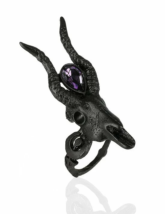 Restyle Rings Gothic 3D Black Crescent Skull Ring With Opal