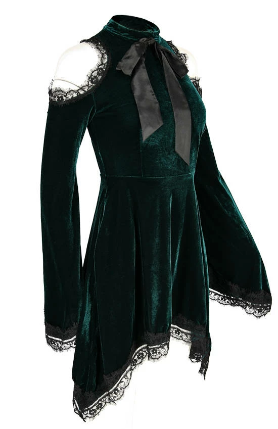 Restyle Dresses Gothic Bow Side Pockets Green Velvet Tunic Dress - Image 2