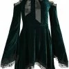 Restyle Dresses Gothic Bow Side Pockets Green Velvet Tunic Dress
