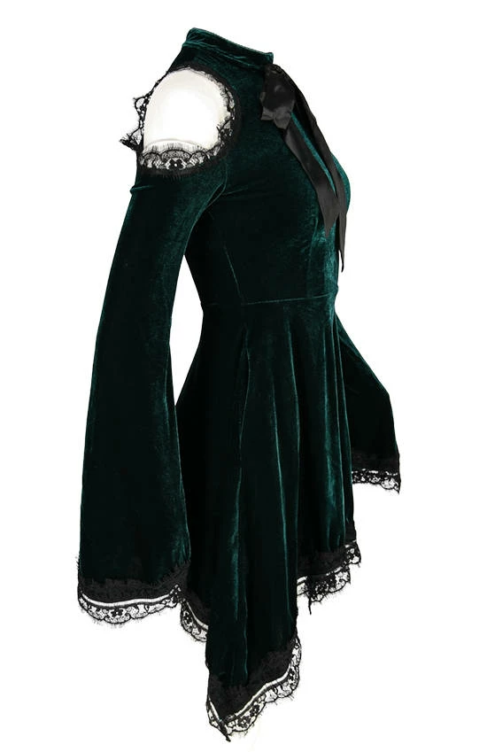 Restyle Dresses Gothic Bow Side Pockets Green Velvet Tunic Dress - Image 3