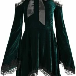 Restyle Dresses Gothic Bow Side Pockets Green Velvet Tunic Dress