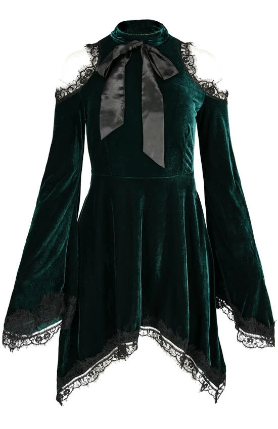 Restyle Dresses Gothic Bow Side Pockets Green Velvet Tunic Dress
