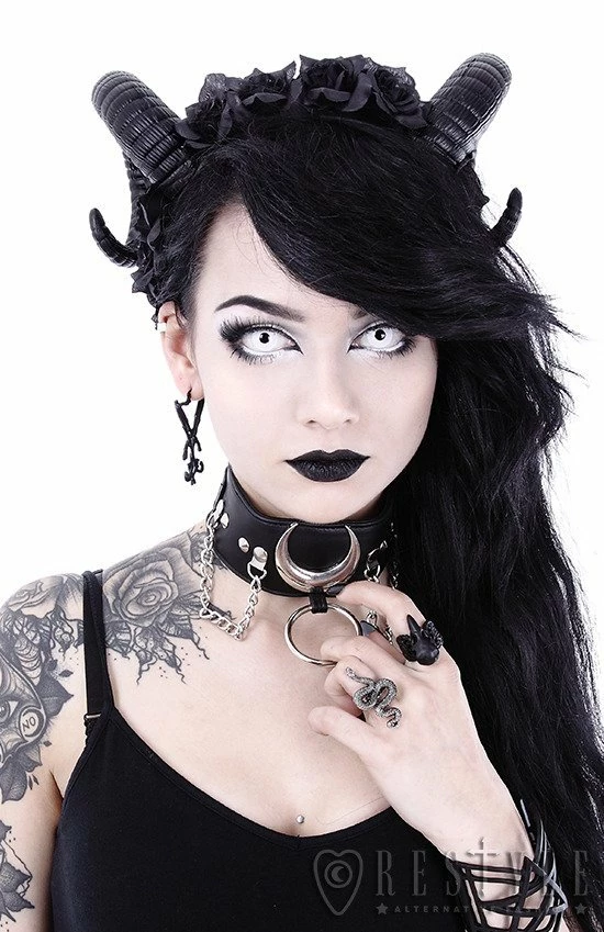 Restyle Hair Accessories Gothic Headpiece Satan Horns Sinister & Roses Headband - Image 2