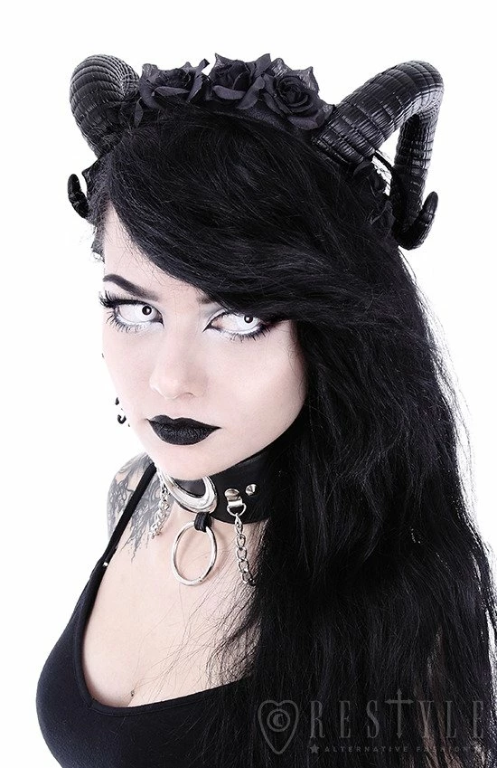Restyle Hair Accessories Gothic Headpiece Satan Horns Sinister & Roses Headband - Image 4