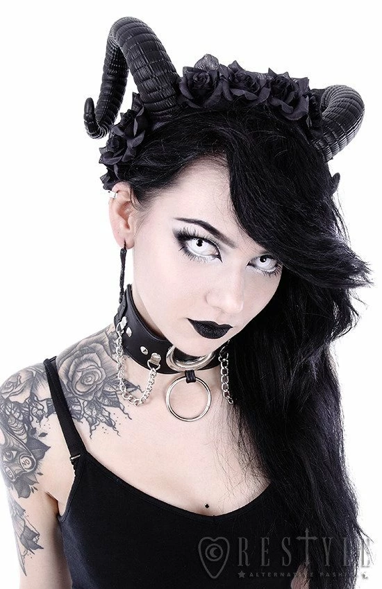 Restyle Hair Accessories Gothic Headpiece Satan Horns Sinister & Roses Headband - Image 5