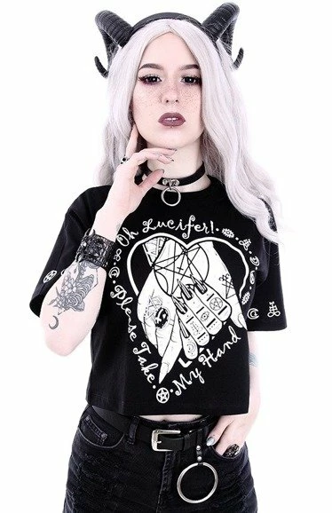 Restyle T-Shirts Gothic Oh Lucifer Occult Cropped Black T-shirt