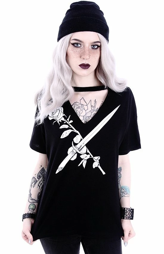 Restyle T-Shirts Gothic Stay Sharp Knife & Rose Print V-neck Choker Blouse - Image 2