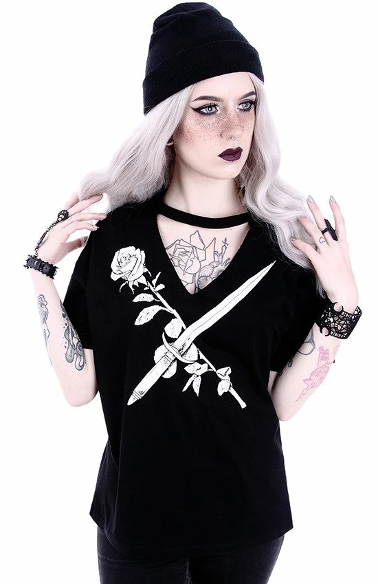 Restyle T-Shirts Gothic Stay Sharp Knife & Rose Print V-neck Choker Blouse - Image 3