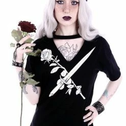 Restyle T-Shirts Gothic Stay Sharp Knife & Rose Print V-neck Choker Blouse