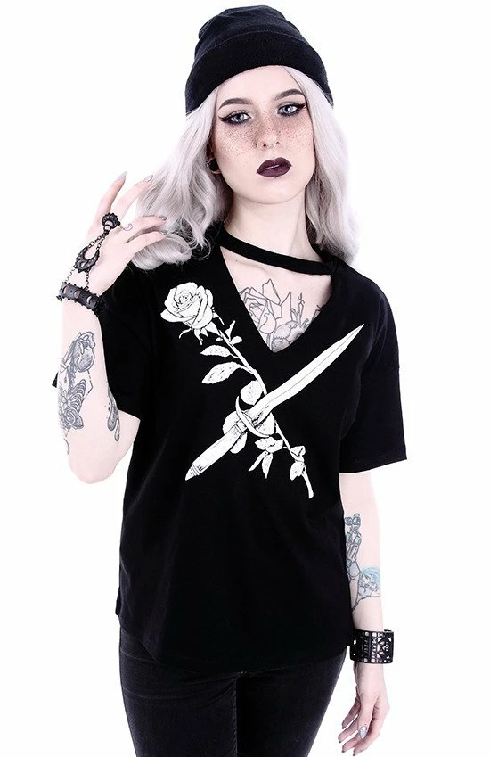 Restyle T-Shirts Gothic Stay Sharp Knife & Rose Print V-neck Choker Blouse - Image 4