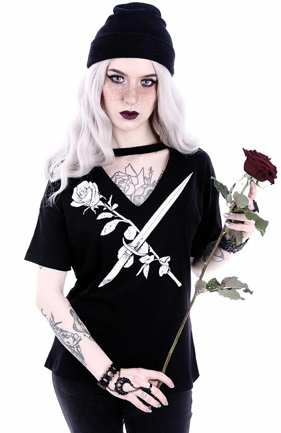 Restyle T-Shirts Gothic Stay Sharp Knife & Rose Print V-neck Choker Blouse - Image 5