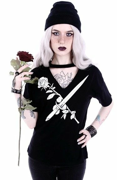 Restyle T-Shirts Gothic Stay Sharp Knife & Rose Print V-neck Choker Blouse