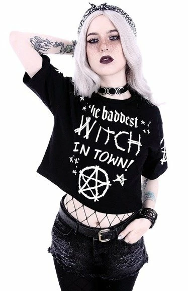 Restyle T-Shirts Gothic The Baddest Witch In Town Crop T-shirt - Image 3