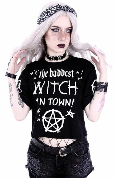 Restyle T-Shirts Gothic The Baddest Witch In Town Crop T-shirt