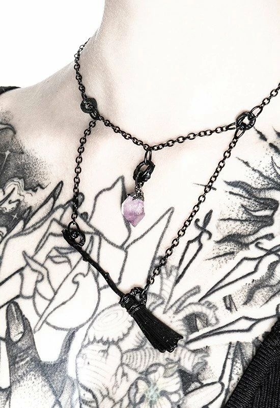 Restyle Necklaces Gothic Witch Black Broomstick Necklace With Purple Crystal - Image 3