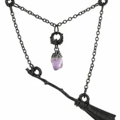 Restyle Necklaces Gothic Witch Black Broomstick Necklace With Purple Crystal