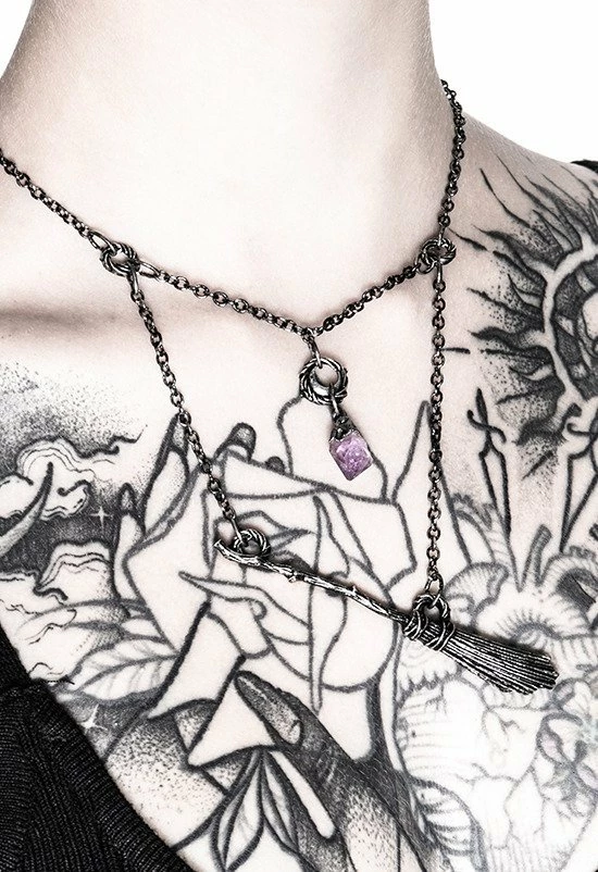 Restyle Necklaces Gothic Witch Black Broomstick Necklace With Purple Crystal - Image 5