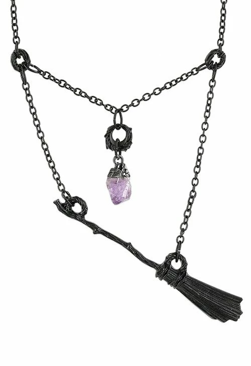 Restyle Necklaces Gothic Witch Black Broomstick Necklace With Purple Crystal