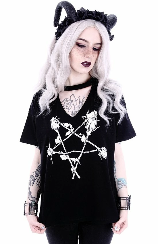 Restyle T-Shirts Gothic Witchy V Neck Choker Rose Pentagram Print T-shirt - Image 2