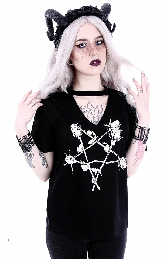 Restyle T-Shirts Gothic Witchy V Neck Choker Rose Pentagram Print T-shirt - Image 3