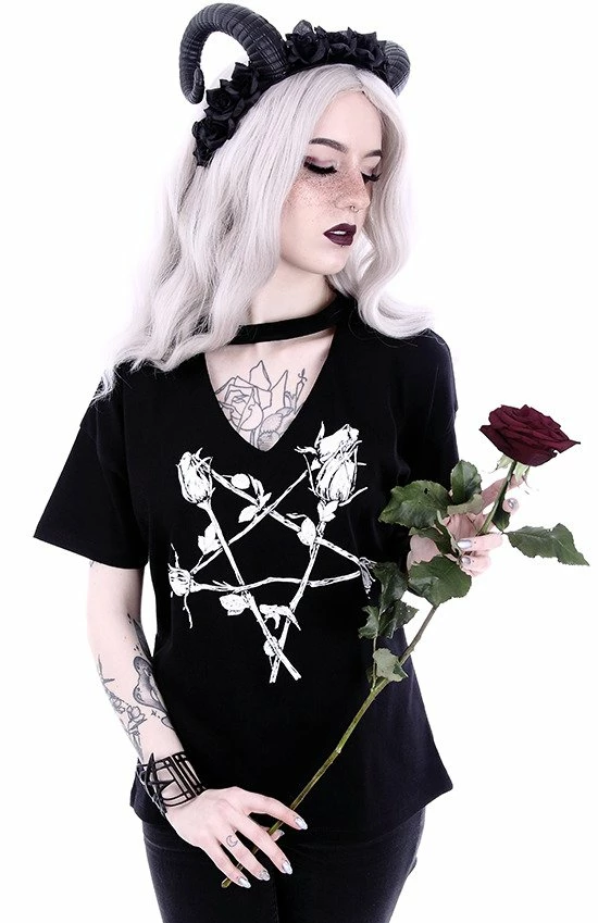 Restyle T-Shirts Gothic Witchy V Neck Choker Rose Pentagram Print T-shirt - Image 4