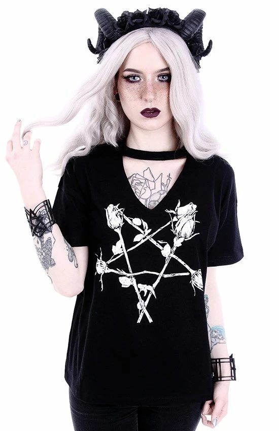 Restyle T-Shirts Gothic Witchy V Neck Choker Rose Pentagram Print T-shirt