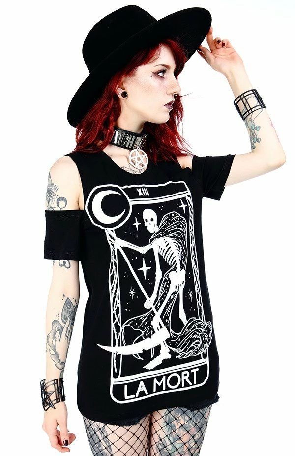 Restyle T-Shirts La Mort Cold Shoulder T-shirt Death Tarot - Image 2
