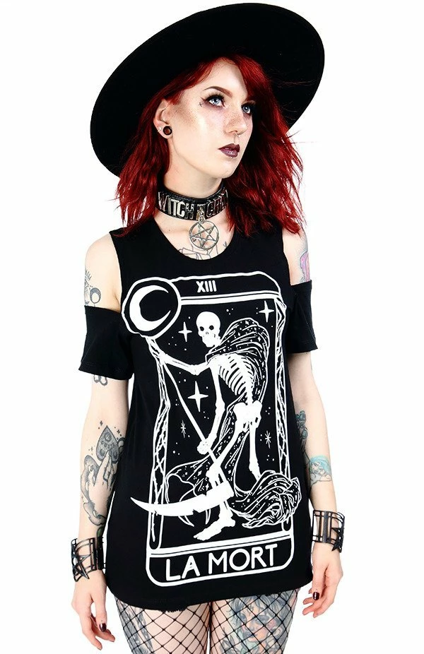 Restyle T-Shirts La Mort Cold Shoulder T-shirt Death Tarot - Image 3