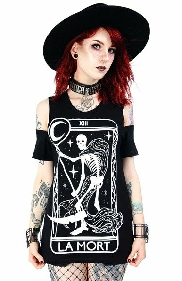 Restyle T-Shirts La Mort Cold Shoulder T-shirt Death Tarot - Image 4