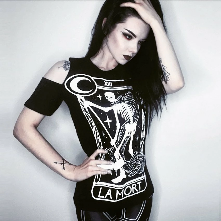 Restyle T-Shirts La Mort Cold Shoulder T-shirt Death Tarot - Image 6