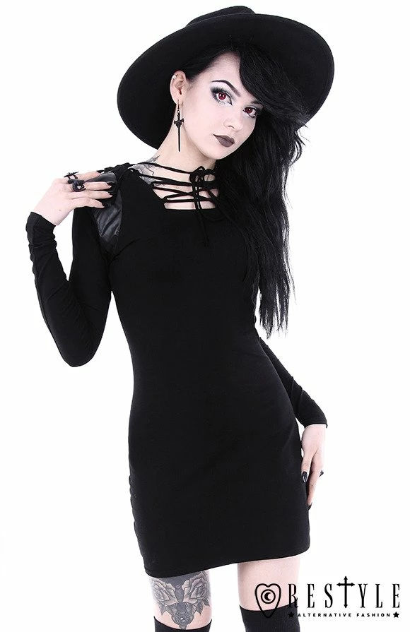 Restyle Dresses Lace-Up Black Gothic Removable Hood Slim-Fit Mini Dress - Image 2