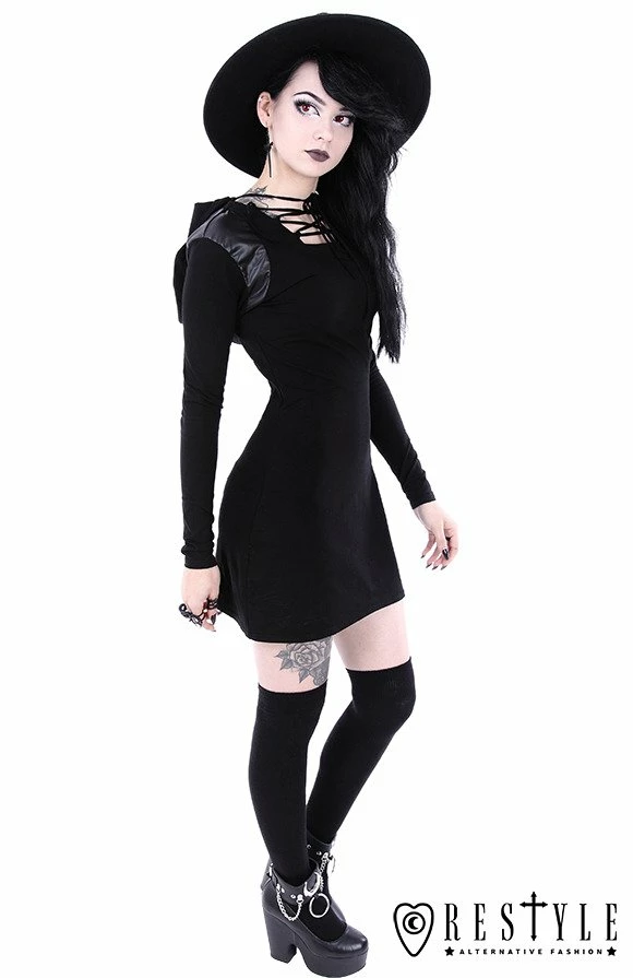 Restyle Dresses Lace-Up Black Gothic Removable Hood Slim-Fit Mini Dress - Image 3