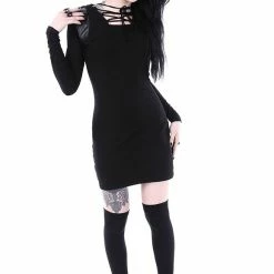 Restyle Dresses Lace-Up Black Gothic Removable Hood Slim-Fit Mini Dress