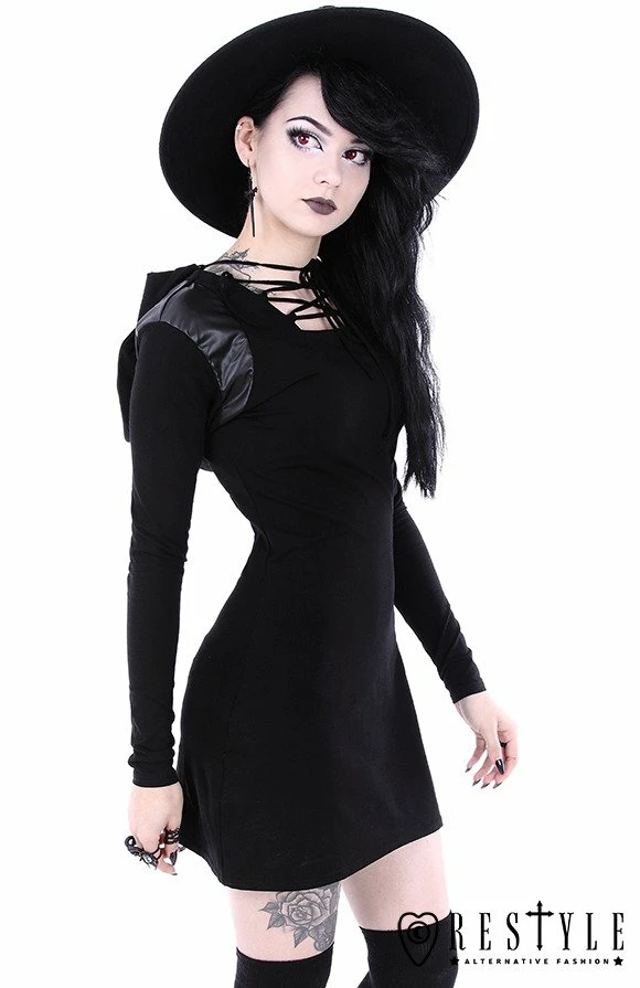 Restyle Dresses Lace-Up Black Gothic Removable Hood Slim-Fit Mini Dress - Image 4