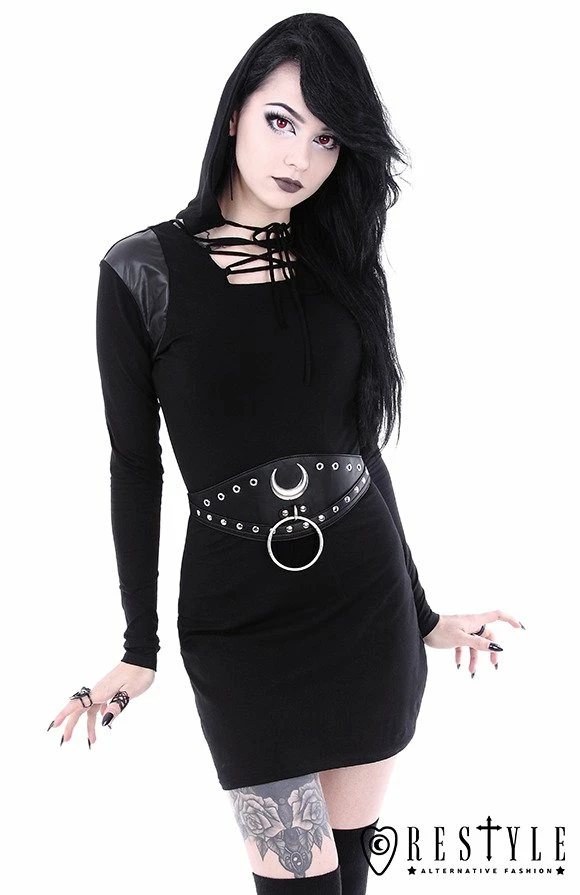 Restyle Dresses Lace-Up Black Gothic Removable Hood Slim-Fit Mini Dress - Image 5