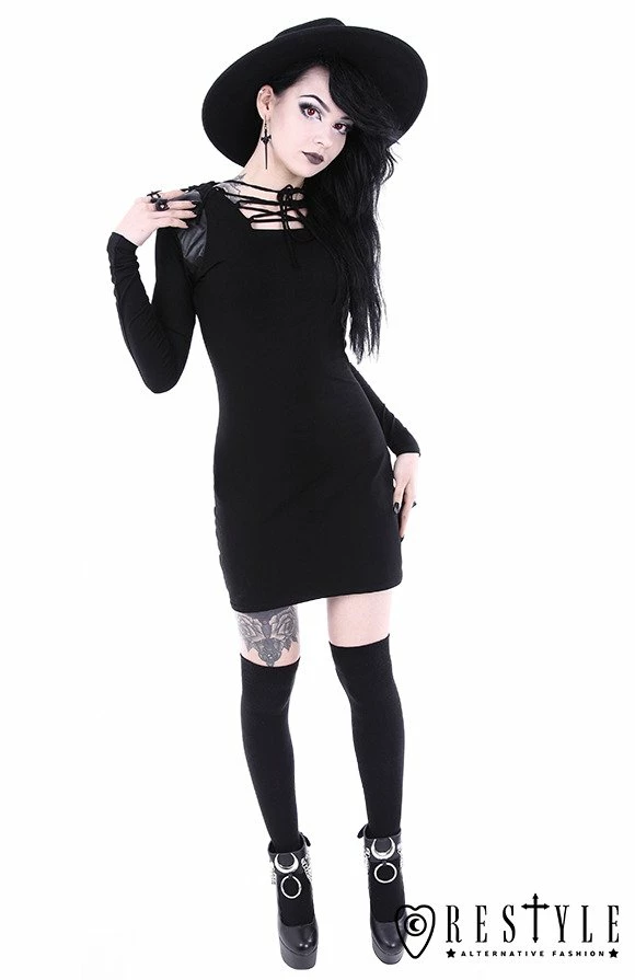 Restyle Dresses Lace-Up Black Gothic Removable Hood Slim-Fit Mini Dress