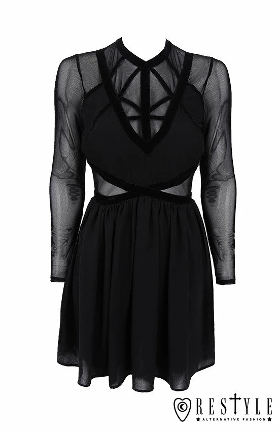 Restyle Dresses Mesh Sleeves Black Gothic Decorative Velvet Straps Mini Dress - Image 2
