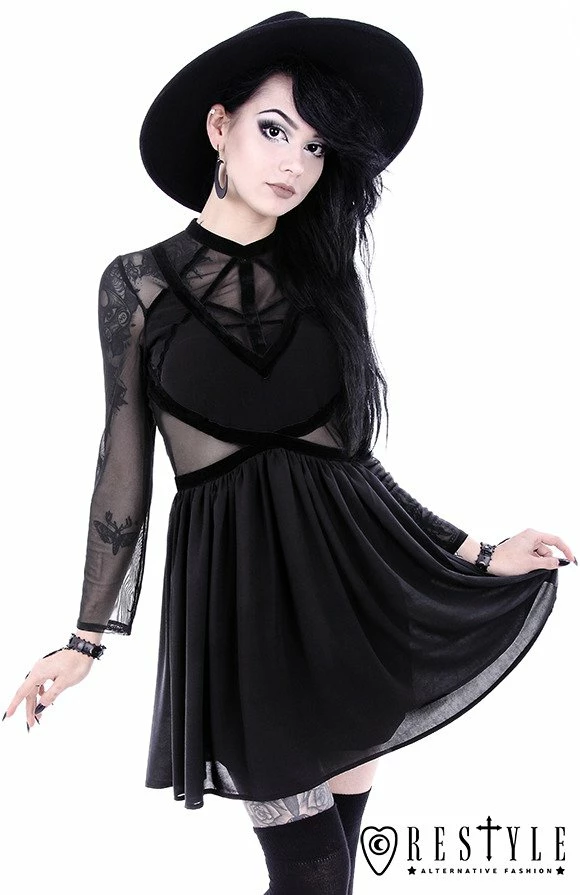 Restyle Dresses Mesh Sleeves Black Gothic Decorative Velvet Straps Mini Dress - Image 3