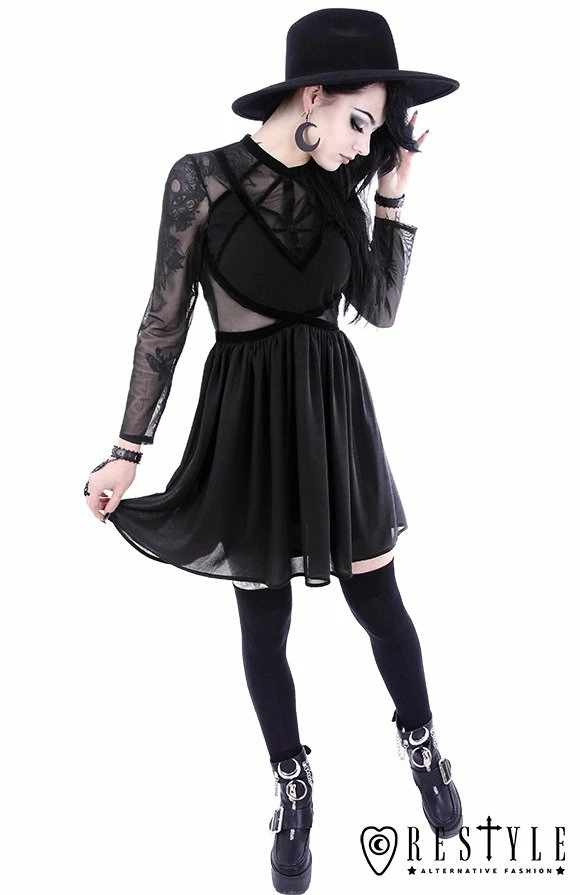Restyle Dresses Mesh Sleeves Black Gothic Decorative Velvet Straps Mini Dress - Image 4