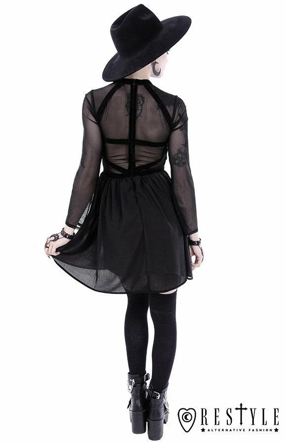 Restyle Dresses Mesh Sleeves Black Gothic Decorative Velvet Straps Mini Dress - Image 5