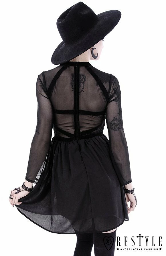 Restyle Dresses Mesh Sleeves Black Gothic Decorative Velvet Straps Mini Dress - Image 6