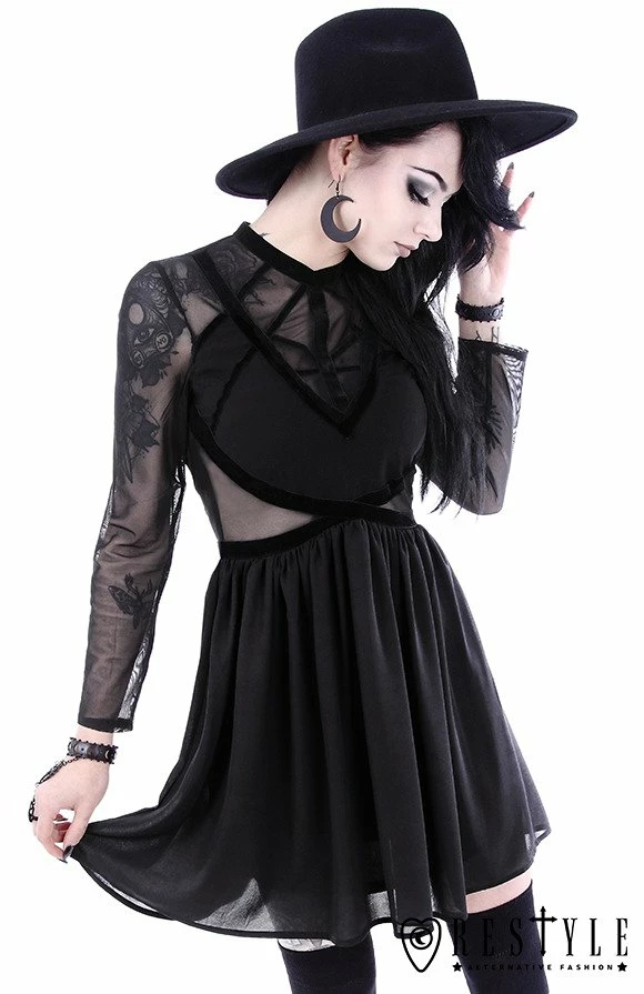 Restyle Dresses Mesh Sleeves Black Gothic Decorative Velvet Straps Mini Dress