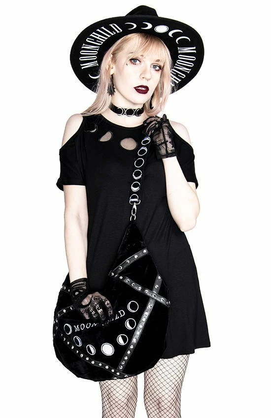 Restyle Purses & Handbags Moon Child Phases Embroidery Black Velvet Hobo Bag - Image 2