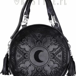 Restyle Purses & Handbags Moon Embroidery Witchy & Tassels Henna Black Round Handbag
