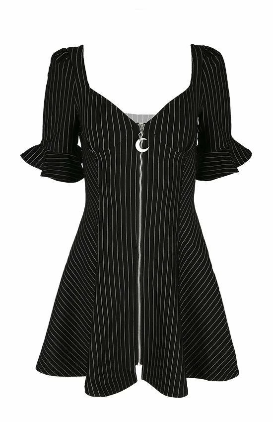 Restyle Dresses Pinstripe Black Gothic Full Moon Pendant Zipper Dress - Image 2