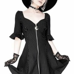 Restyle Dresses Pinstripe Black Gothic Full Moon Pendant Zipper Dress