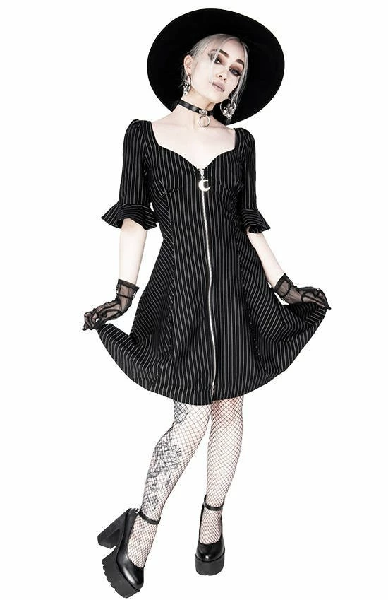 Restyle Dresses Pinstripe Black Gothic Full Moon Pendant Zipper Dress - Image 4