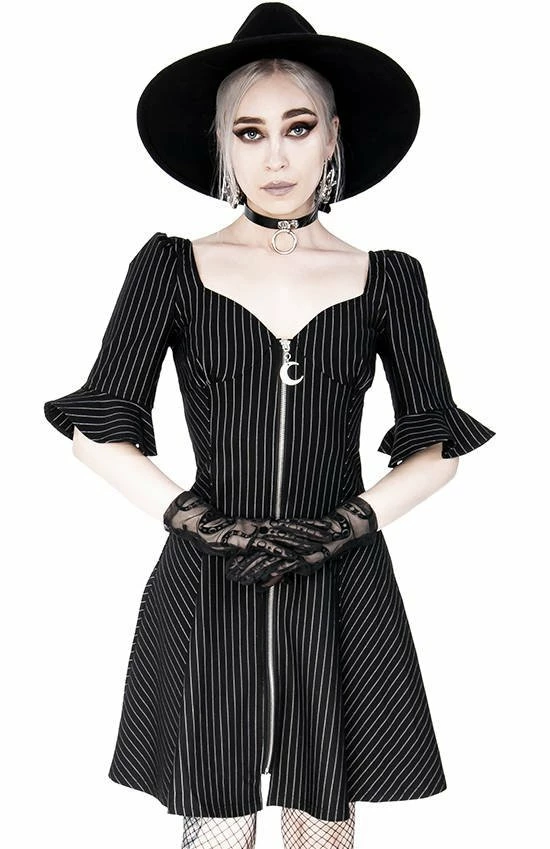 Restyle Dresses Pinstripe Black Gothic Full Moon Pendant Zipper Dress - Image 5