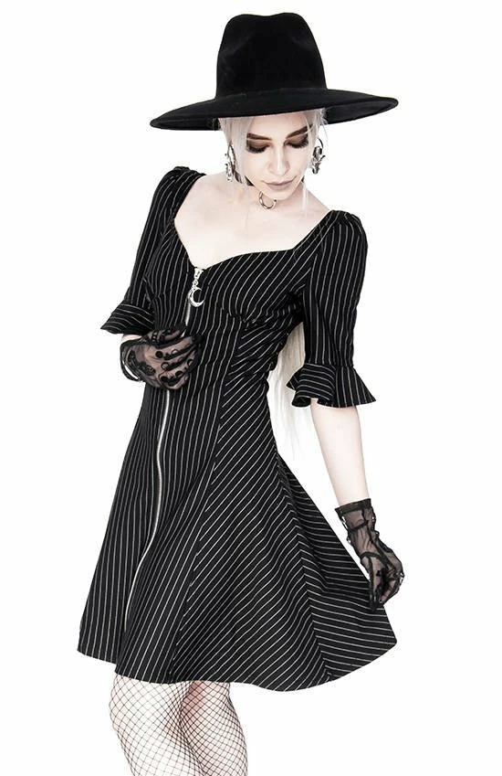 Restyle Dresses Pinstripe Black Gothic Full Moon Pendant Zipper Dress - Image 6
