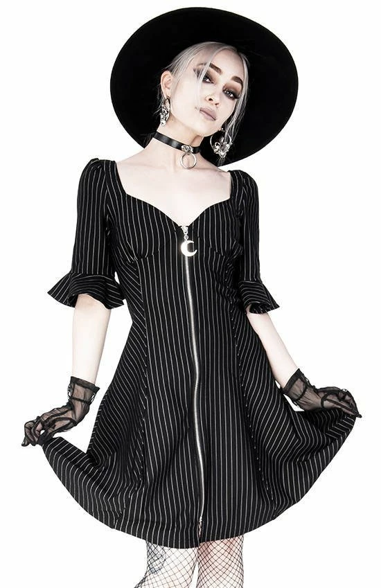 Restyle Dresses Pinstripe Black Gothic Full Moon Pendant Zipper Dress